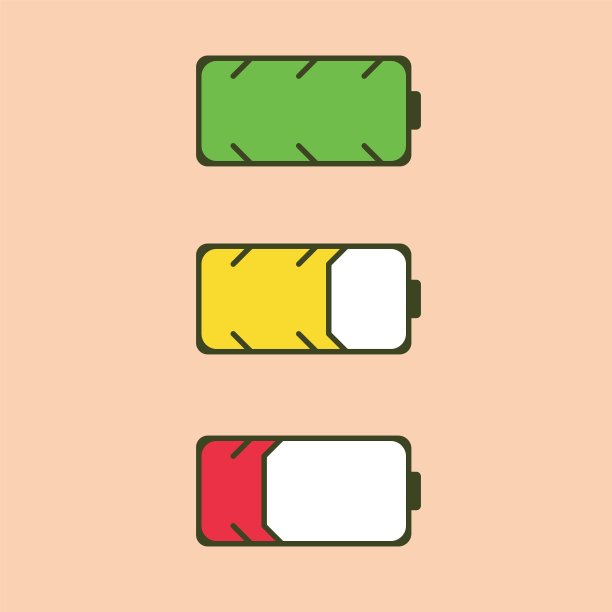 电池充电指示灯状态图标。充电，半满，放电。图片下载