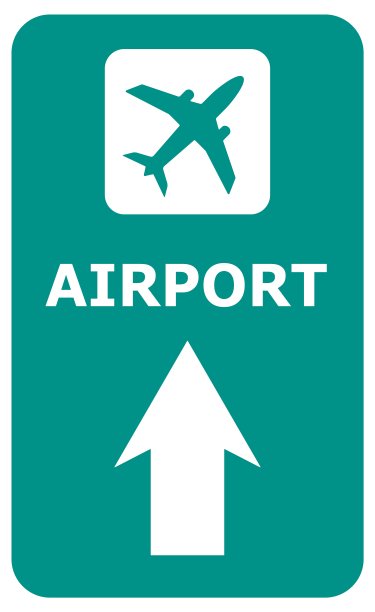 机场前方路标引导。在绿色背景上有箭头的飞机图标。航空的象征。图片下载
