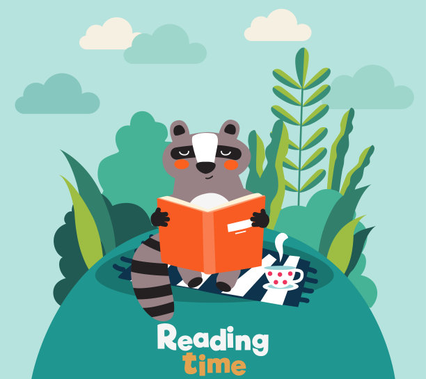 可爱的浣熊在公园里看书。夏天的风景背景图片下载