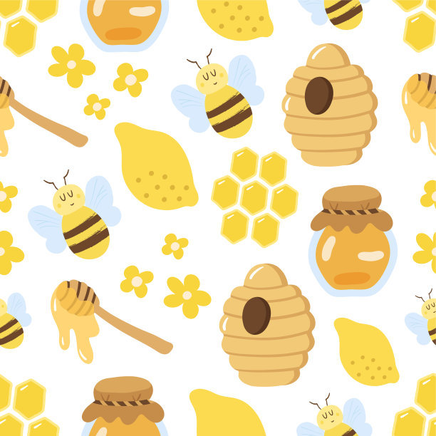 蜂窝、蜂蜜、柠檬和蜜蜂的无缝图案图片下载