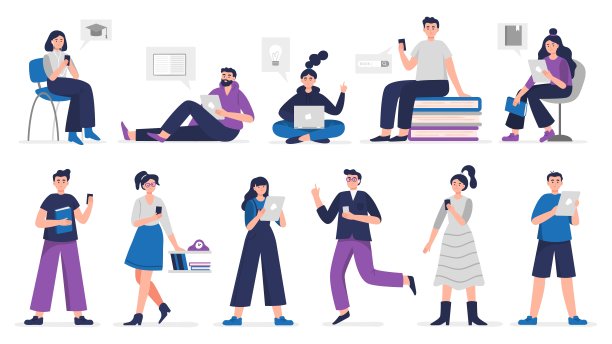 可爱的人在手机、笔记本电脑、电脑和平板电脑上学习和读书。图片下载