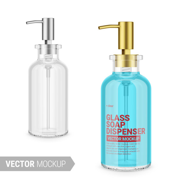 透明玻璃肥皂瓶模型模板。图片下载