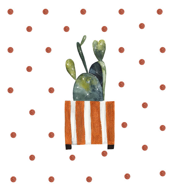 水彩画卡与仙人掌装饰花盆图片下载