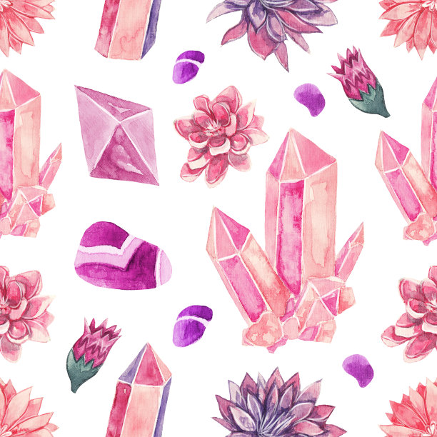 水彩无缝图案有粉红色和紫色的花朵、宝石和宝石图片下载