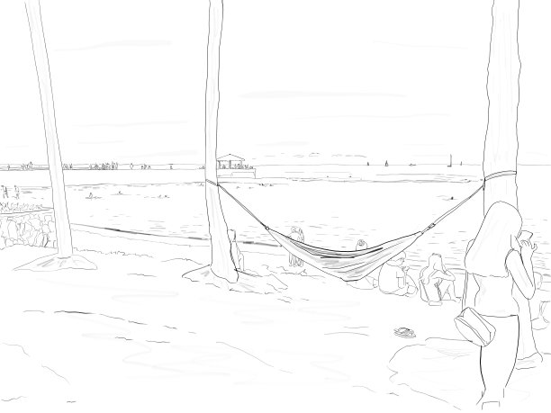 手绘插图。夏威夷火奴鲁鲁威基基海滩上正在使用的吊床。图片下载