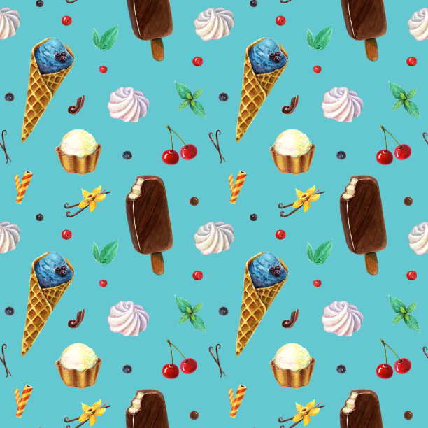 无缝模式与水彩水果冰淇淋棒和冰淇淋蛋筒孤立在蓝色背景。图片下载
