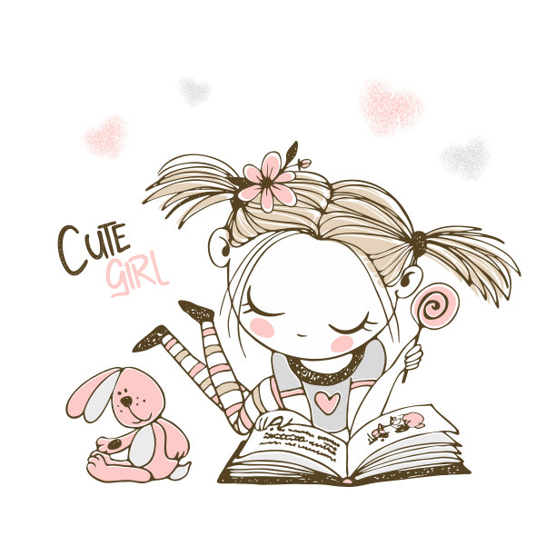 一个可爱的小女孩正在看书。向量图片下载