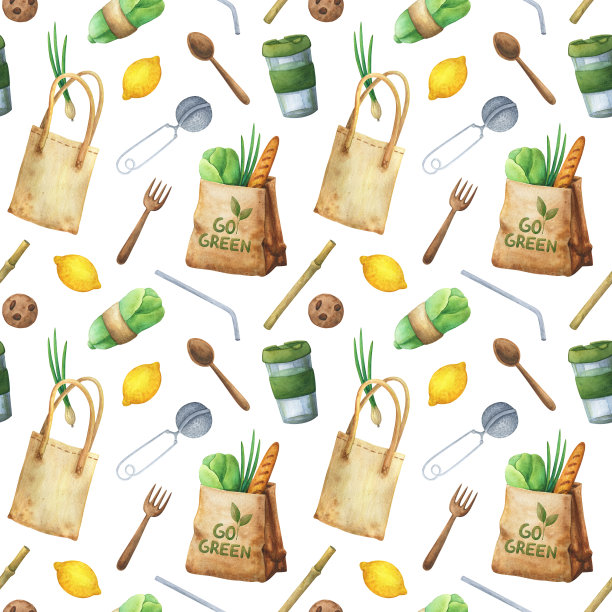 环保无缝模式。以生态可重复使用物品为背景。水彩插图:热水瓶，饭盒，饮水管，袋子，蔬菜，梳子，天然肥皂，丝瓜络。生活方式“零浪费”。图片下载