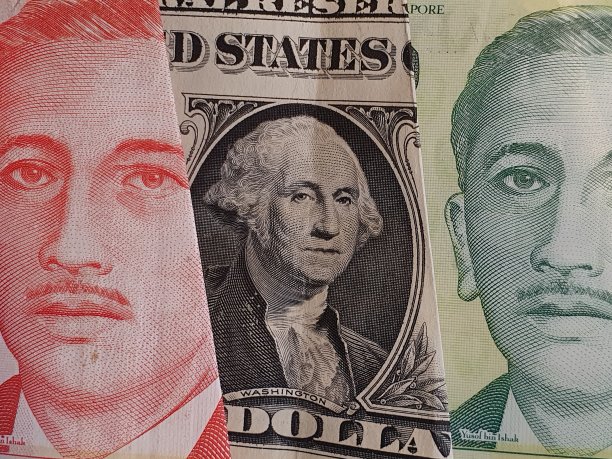 接近一美元纸币和新加坡纸币图片下载