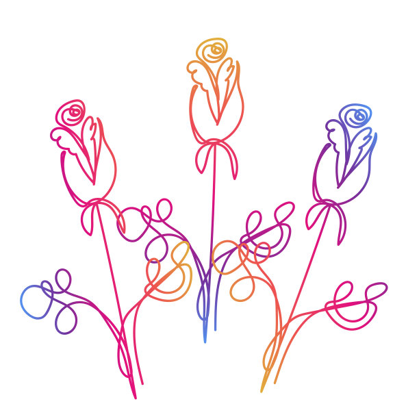 三手绘渐变彩色玫瑰在线条艺术风格的白色背景图片下载