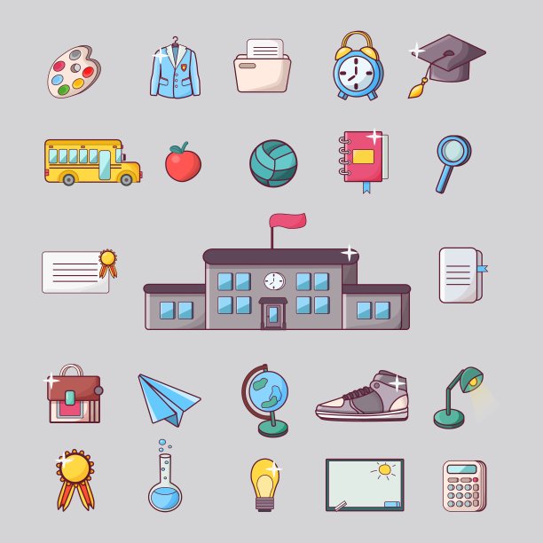 回到学校图标设置在卡通平面风格rerto在矢量插图。图片下载