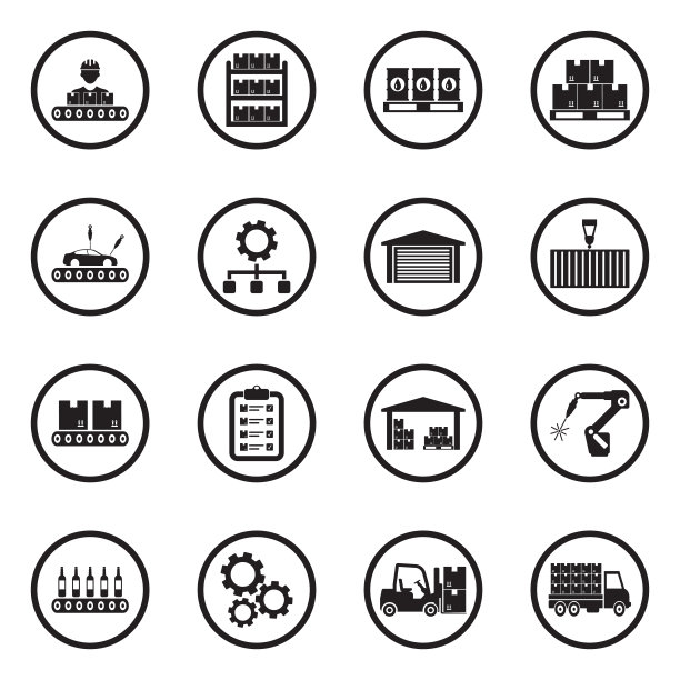大规模生产图标。圆形的黑色平面设计。矢量插图。图片下载