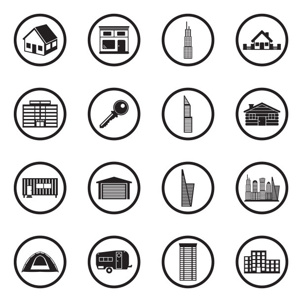 属性和住宿图标。圆形的黑色平面设计。矢量插图。图片下载