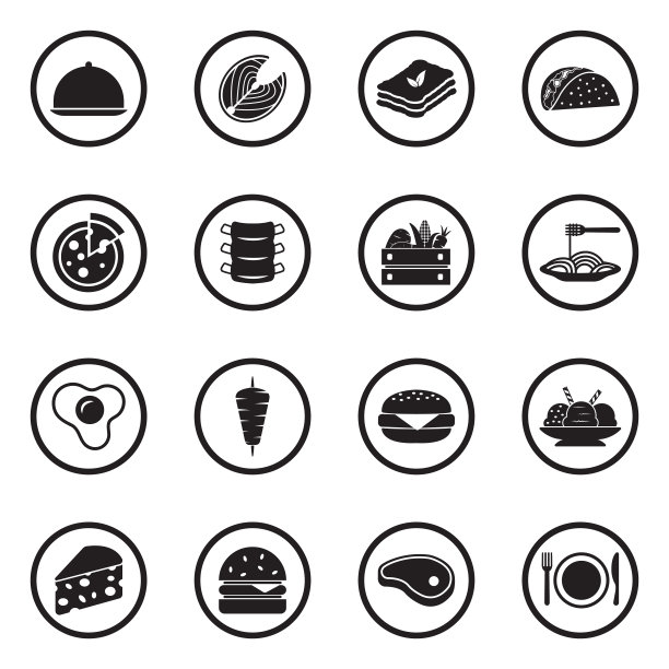 美食图标。圆形的黑色平面设计。矢量插图。图片下载