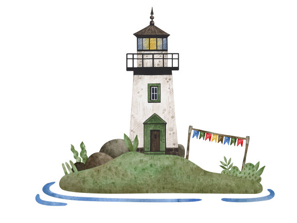 带有灯塔的水彩插图卡。灯塔，岩石，海藻，海浪，岛屿。图片下载