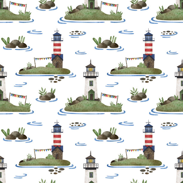 水彩无缝模式与灯塔。白色背景上的海洋元素。灯塔、石头、海藻、波浪、旗帜。图片下载