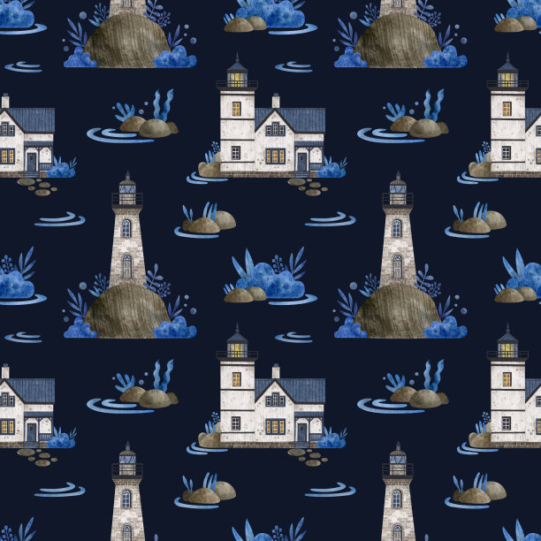 水彩无缝模式与灯塔。深蓝色背景上的海洋元素。灯塔、石头、海草、海浪。图片下载