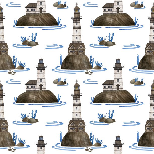 水彩无缝模式与灯塔。白色背景上的海洋元素。灯塔、石头、海藻、海浪、岛屿。图片下载