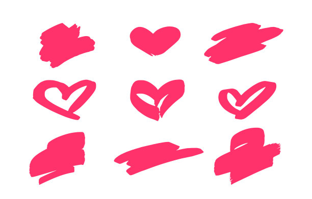 心形设置图标和粉色抽象形状。丰富多彩的广告文字创意框架。手绘爱收藏。节日元素浪漫卡片。孤立在白色背景上。向量涂鸦风格图片下载