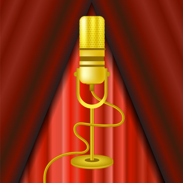 复古的金色麦克风图标隔离在红色窗帘背景。图片下载