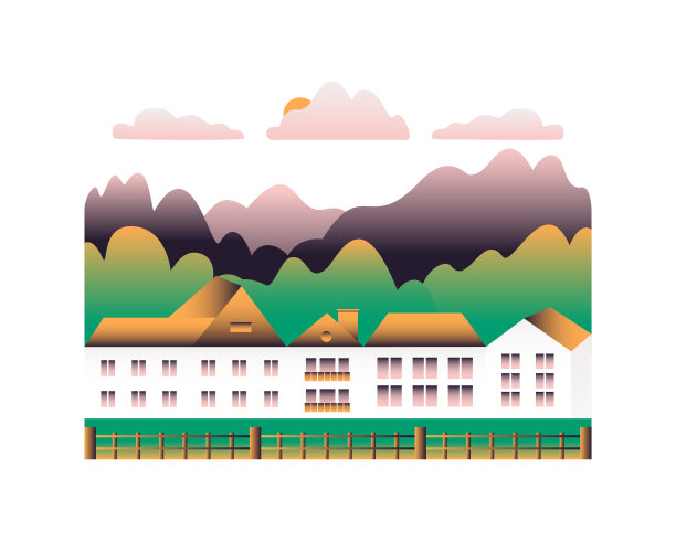 在白色背景上孤立的农场乡村。村落景观以牧场为平面风格设计标志。景观用房屋农场，建筑，树木，云彩，山丘卡通矢量插图素材图片