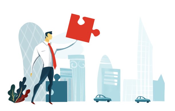 成功的商人把拼图拼起来。业务概念说明素材图片