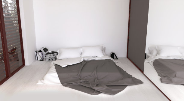 卧室的地板床和衣柜的3d渲染图片下载