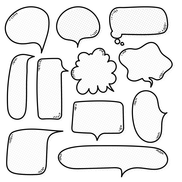 集合了一套可爱的手绘线条、圆点、半色调空白演讲泡泡气球、黑白色彩、想说就说的概念图片下载