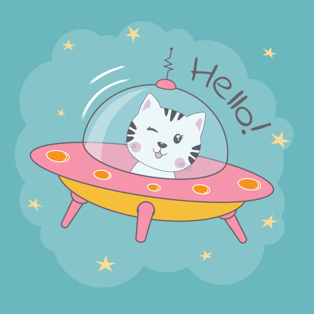 可爱的猫宇航员在一个神秘的物体不明飞行物在天空的夜晚。图片下载