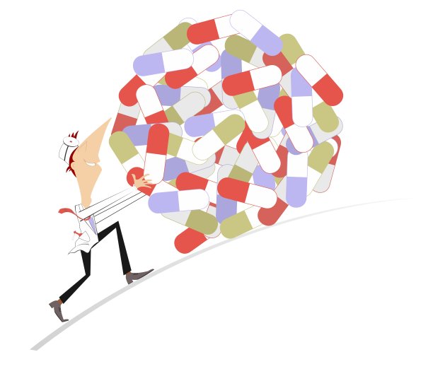 有趣的医生滚下一大堆药丸的概念插图图片下载