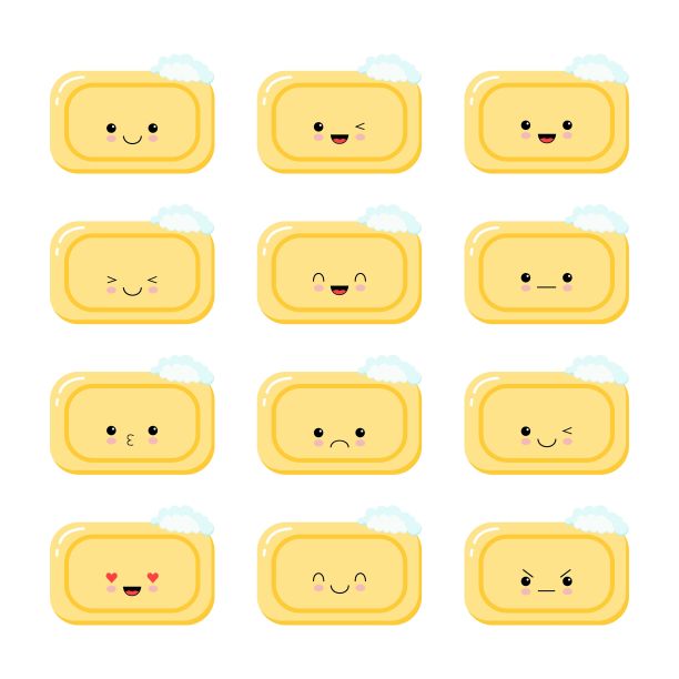 一套可爱的肥皂与不同的情绪在卡哇伊风格。生气、悲伤、快乐、快乐、微笑的卡通表情。这是孩子们有趣的游戏。平图片下载