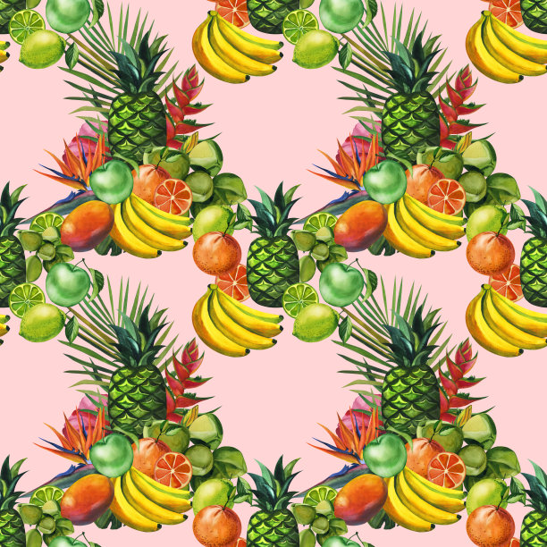 水彩无缝花卉图案与水果手绘装饰背景。印刷纺织品，布料，墙纸，剪贴簿图片下载