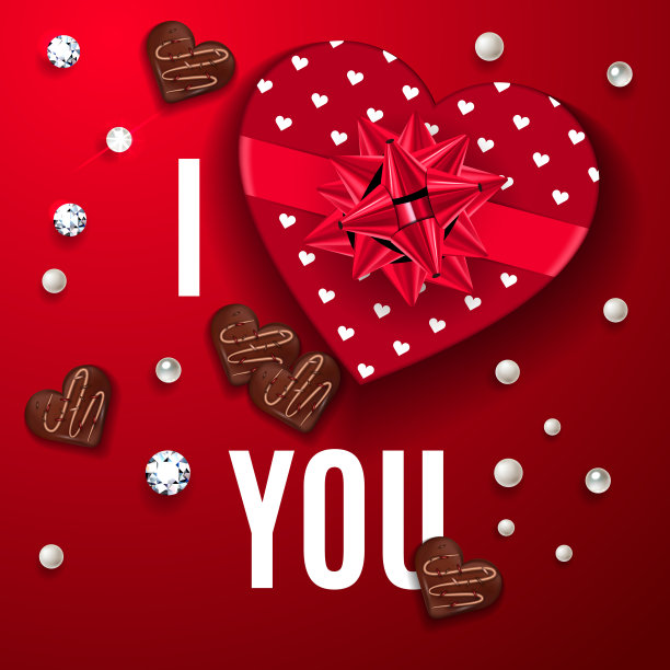 我爱你红色的贺卡。情人节快乐庆祝横幅。心形巧克力礼盒，糖果，珍珠和钻石，浪漫的构图。矢量图图片下载