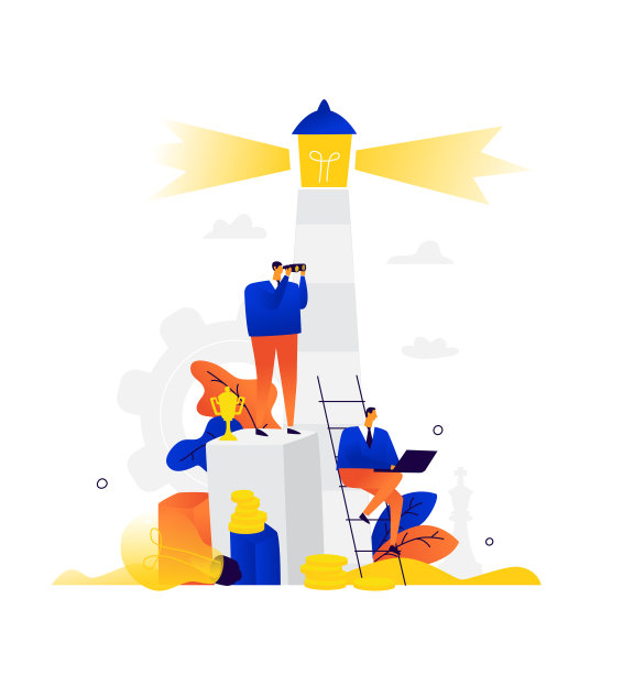 商人在灯塔的插图。向量。比喻。人们坐着工作。公司员工住在灯塔附近。平商业插图。吸引注意力。推进策略。素材图片