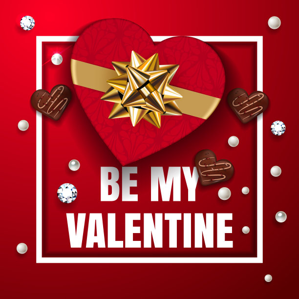 做我情人节的红色贺卡。情人节快乐。心形巧克力礼盒，糖果，珍珠和钻石，浪漫的构图。矢量图图片下载