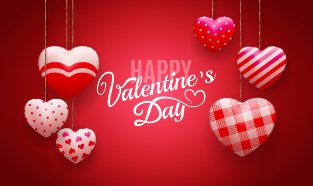 情人节促销横幅模板快乐。情人节商店折扣促销与白色框架字母和心形元素挂在不同的图案在红色的背景。矢量图素材图片