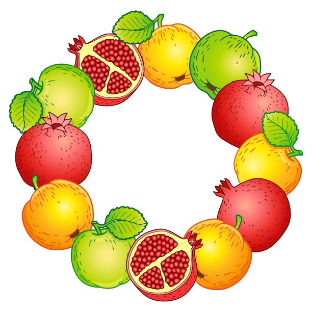 矢量插图。圆形框架成熟的苹果，石榴和梨。感恩节。犹太新年假期。图片下载