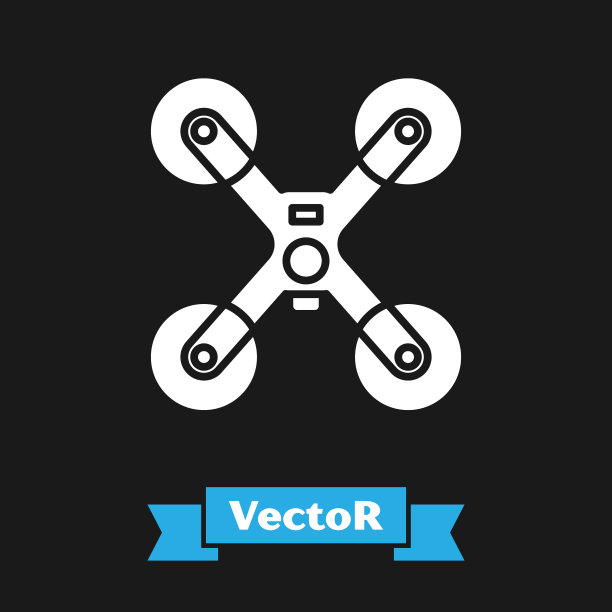 白色无人机飞行图标孤立在黑色背景。带有视频和照片相机符号的四轴飞行器。矢量图图片下载
