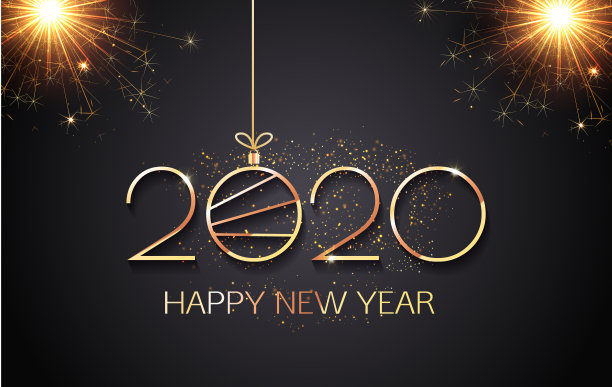 金色数字2020和圣诞球线艺术新年快乐的金色烟花在黑色的背景。矢量金色闪闪发光的文字和2020数字的节日贺卡素材图片