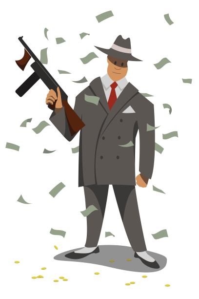 二十来岁的歹徒戴着帽子，手里拿着机关枪，站在飞来飞去的钞票中间，在白色的背景下孤立无间。平面向量的性格。图片下载