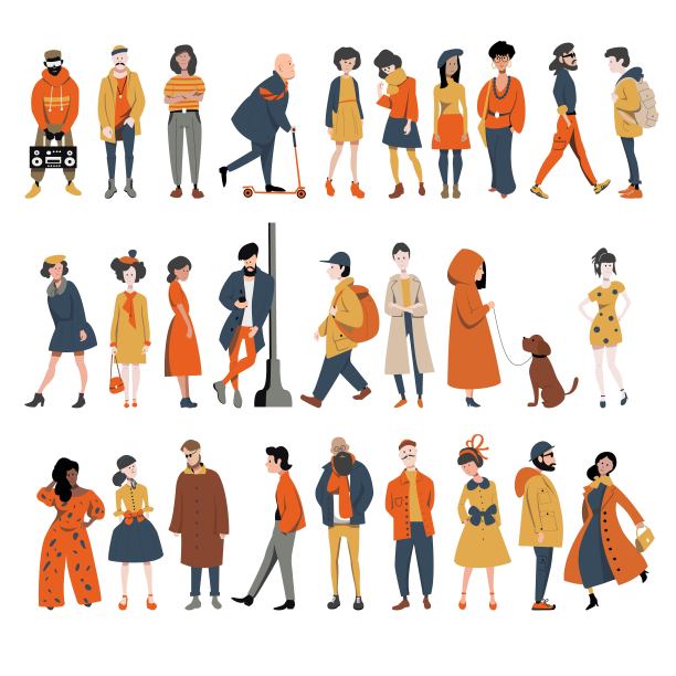 一组不同的人，男人和女人穿着不同的衣服，不同的年龄摆着不同的姿势。一群不同的平面矢量字符。图片下载