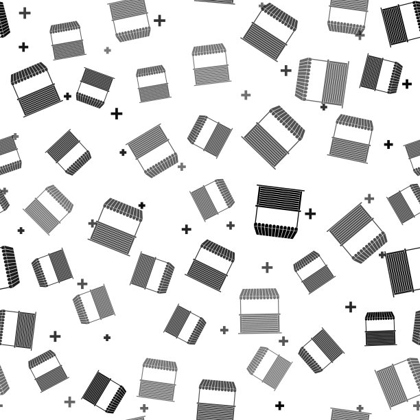 黑色街道摊位与遮阳篷和木架图标孤立无缝模式上的白色背景。有木架子的亭。矢量图图片下载