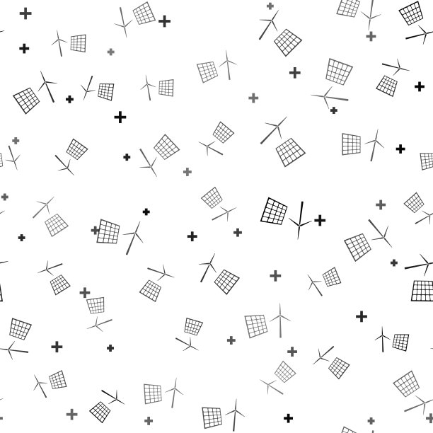 黑色风车涡轮机发电和太阳能电池板图标孤立无缝模式上的白色背景。能源替代，可再生能源的概念。矢量图图片下载