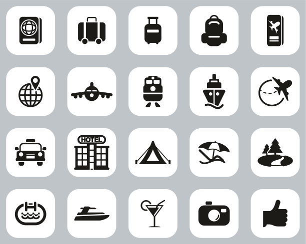 旅行或度假图标黑白平面设计集大图片下载
