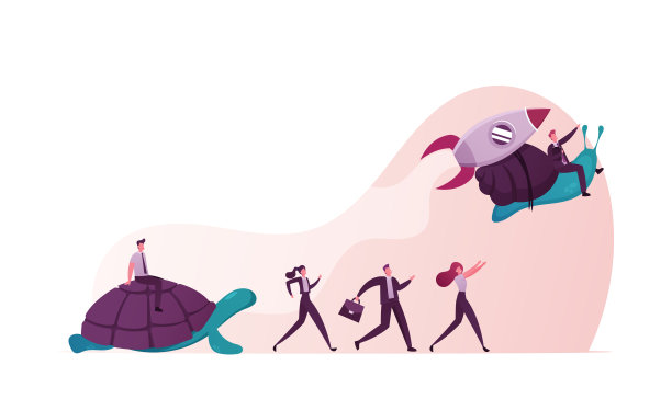 业务加速度的概念。商务人士竞赛，领导竞争。男性和女性经理角色骑乌龟和飞行与火箭引擎的快速蜗牛。卡通矢量图图片下载