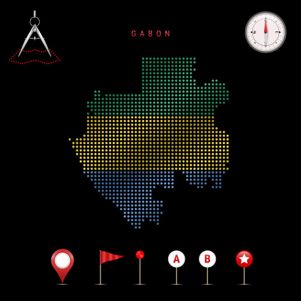 加蓬矢量虚线地图用国旗颜色绘制。挥舞着国旗的效果。地图工具图标集图片下载