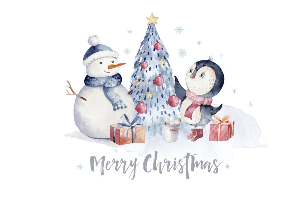 水彩圣诞快乐人物企鹅插图。冬季卡通孤立可爱有趣的动物设计卡。雪花假日季节，圣诞企鹅。图片下载