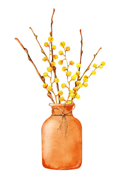 蓝色花瓶里放着一束春天的含羞草花。手水彩插图孤立的白色背景。婚礼及节日产品设计，国际妇女节，复活节。图片下载