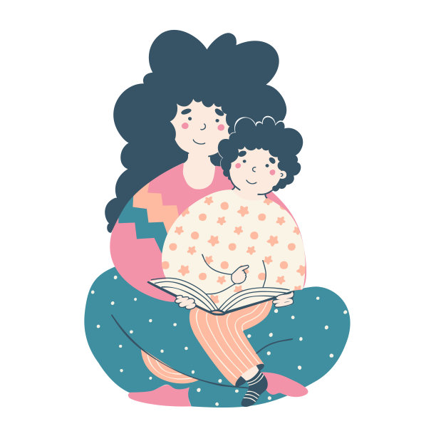 妈妈宝宝学习阅读书籍现代平面矢量插图。图片下载