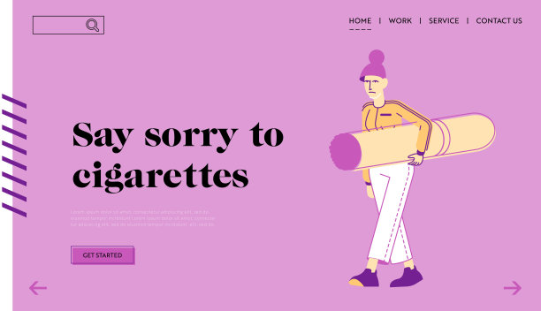 吸烟成瘾和坏的不健康的习惯登陆页面模板。瘾君子女性角色手拿大支香烟。对尼古丁和烟草制品上瘾的妇女。线性向量插图图片下载